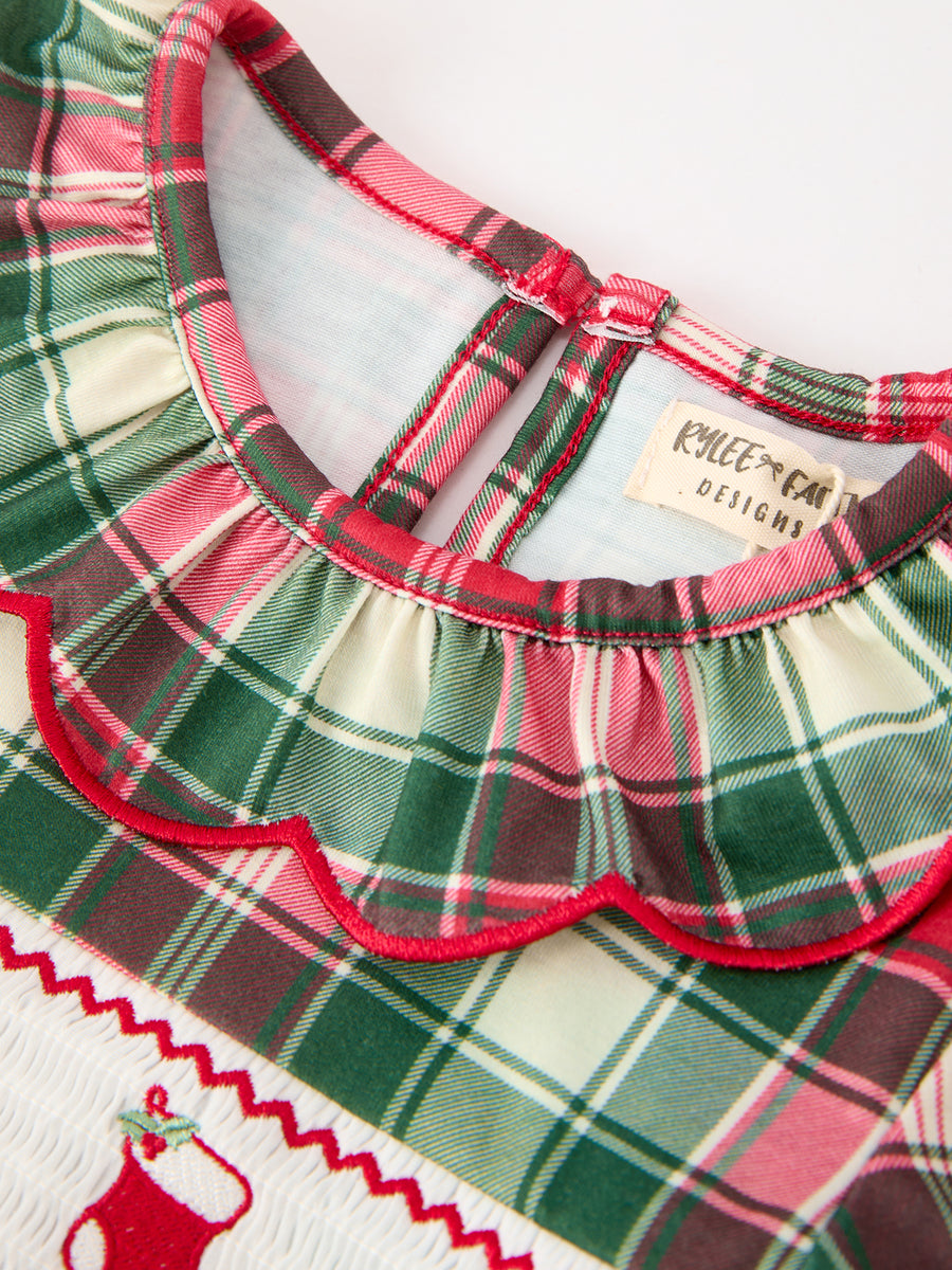 Christmas Girls Plaid Smocked Ruffle Collar Bow Dress