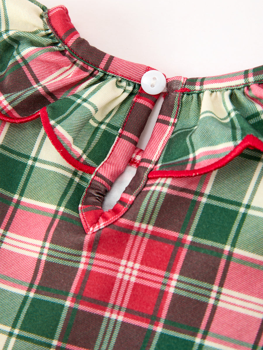 Christmas Girls Plaid Smocked Ruffle Collar Bow Dress