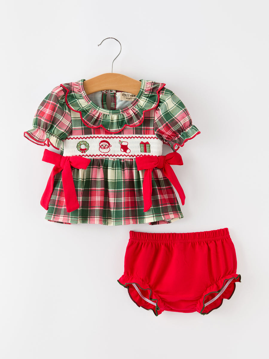Christmas Girls Plaid Smocked Ruffle Collar Bloomer Set