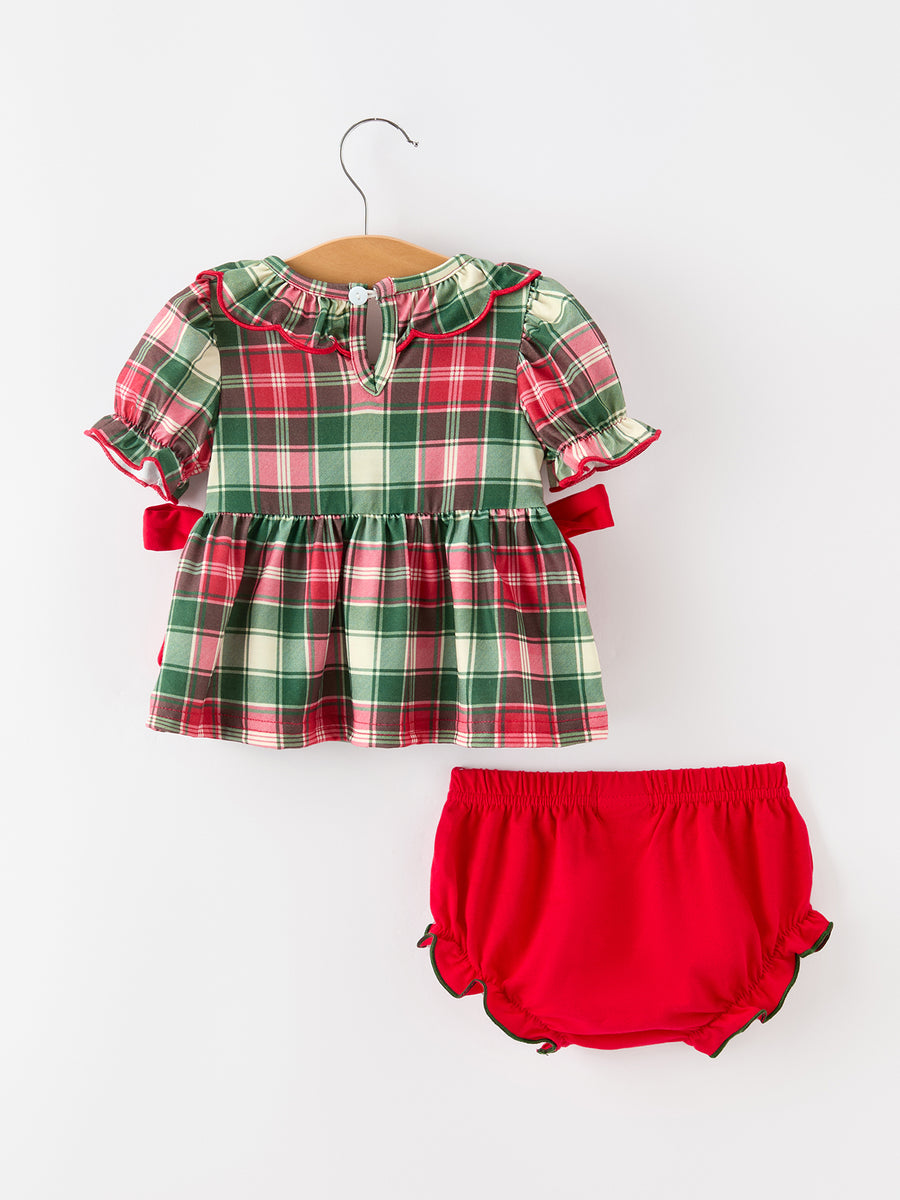 Christmas Girls Plaid Smocked Ruffle Collar Bloomer Set