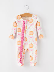 Fall Baby Girls Pumpkin Bow Ruffle Zip Romper