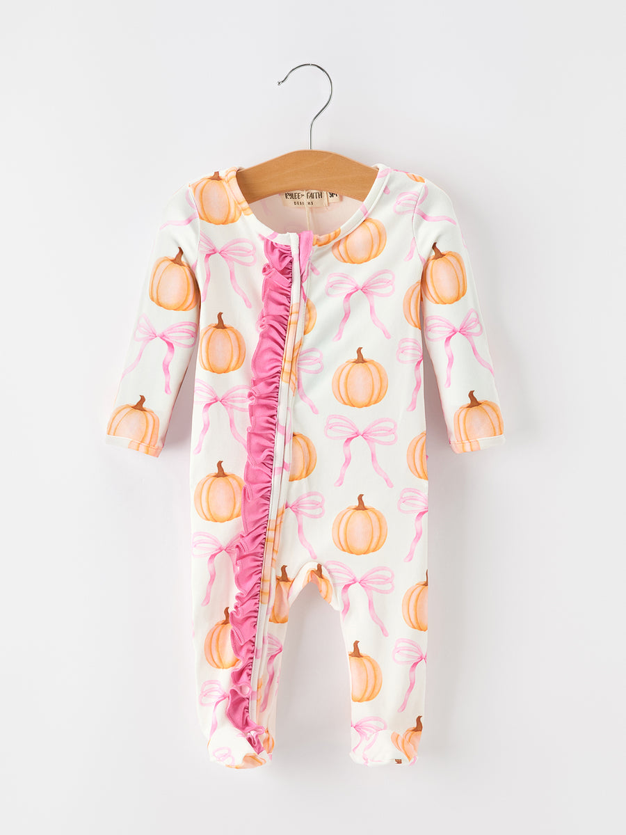 Fall Baby Girls Pumpkin Bow Ruffle Zip Romper