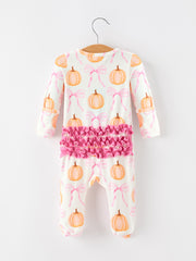 Fall Baby Girls Pumpkin Bow Ruffle Zip Romper
