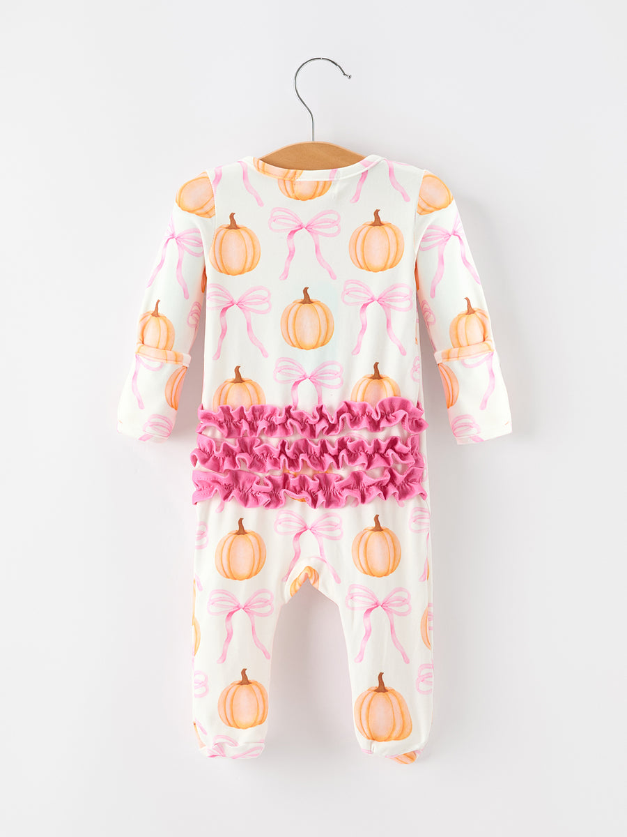 Fall Baby Girls Pumpkin Bow Ruffle Zip Romper