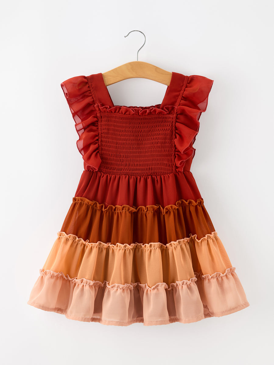 Fall Girls Ombré Smocked Vertical Ruffle Strap Dress