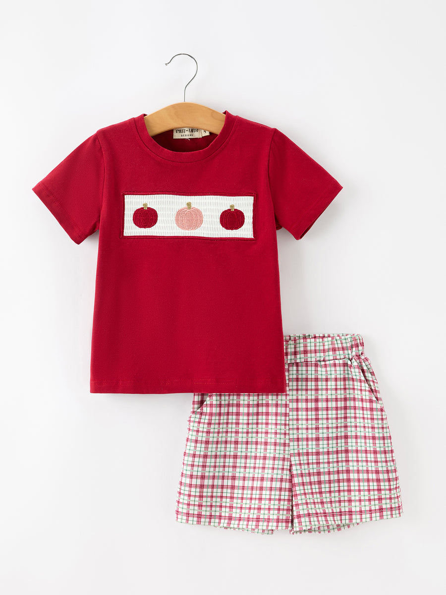Fall Pumpkin Boys Outfit Set Red Tee Plaid Shorts Set