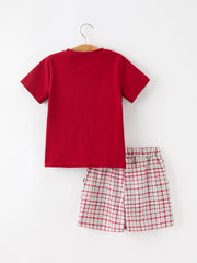 Fall Pumpkin Boys Outfit Set Red Tee Plaid Shorts Set