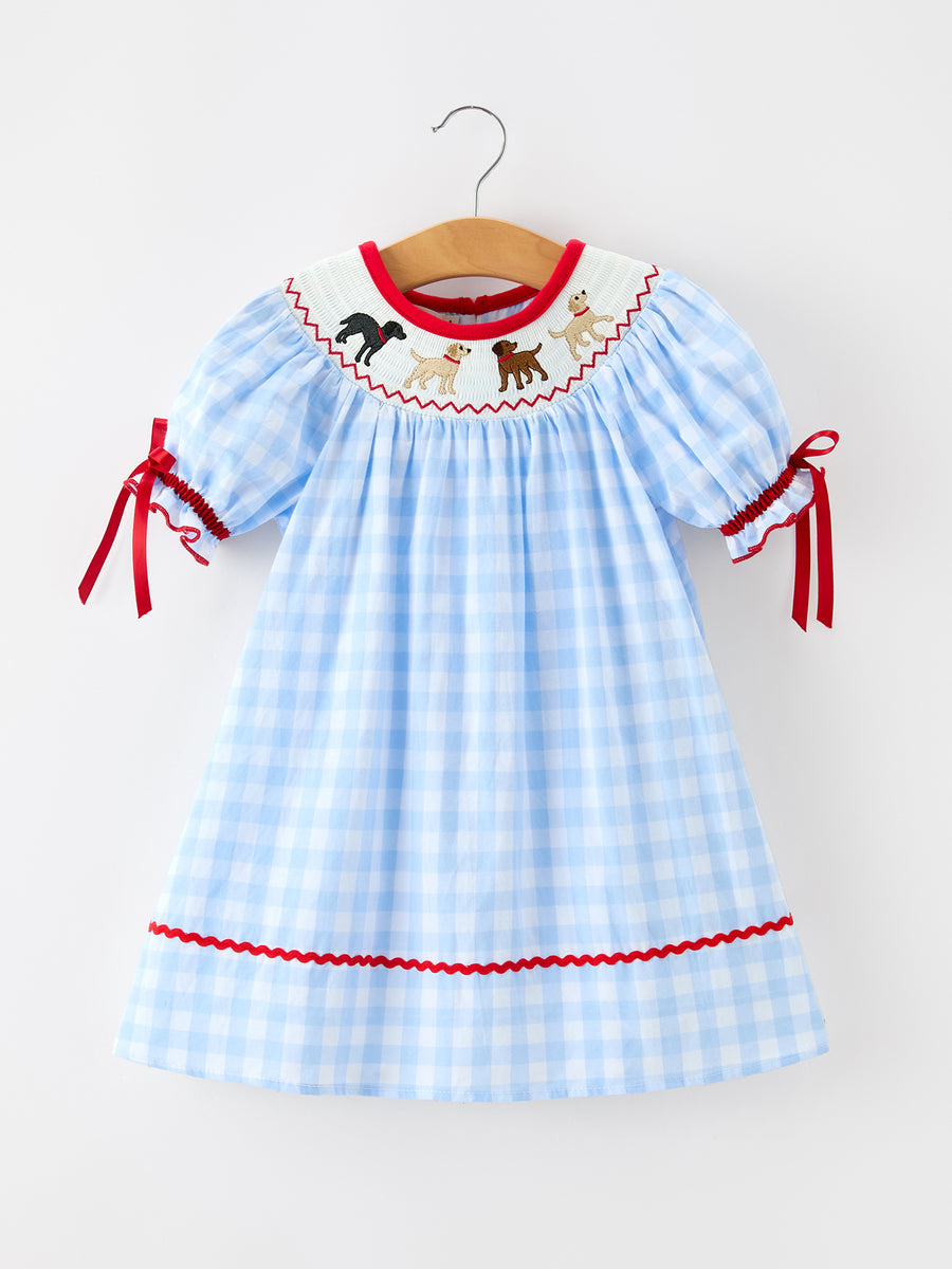 Girls Christmas Blue Plaid Smocked Puppy Embroidery Dress