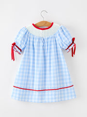 Girls Christmas Blue Plaid Smocked Puppy Embroidery Dress