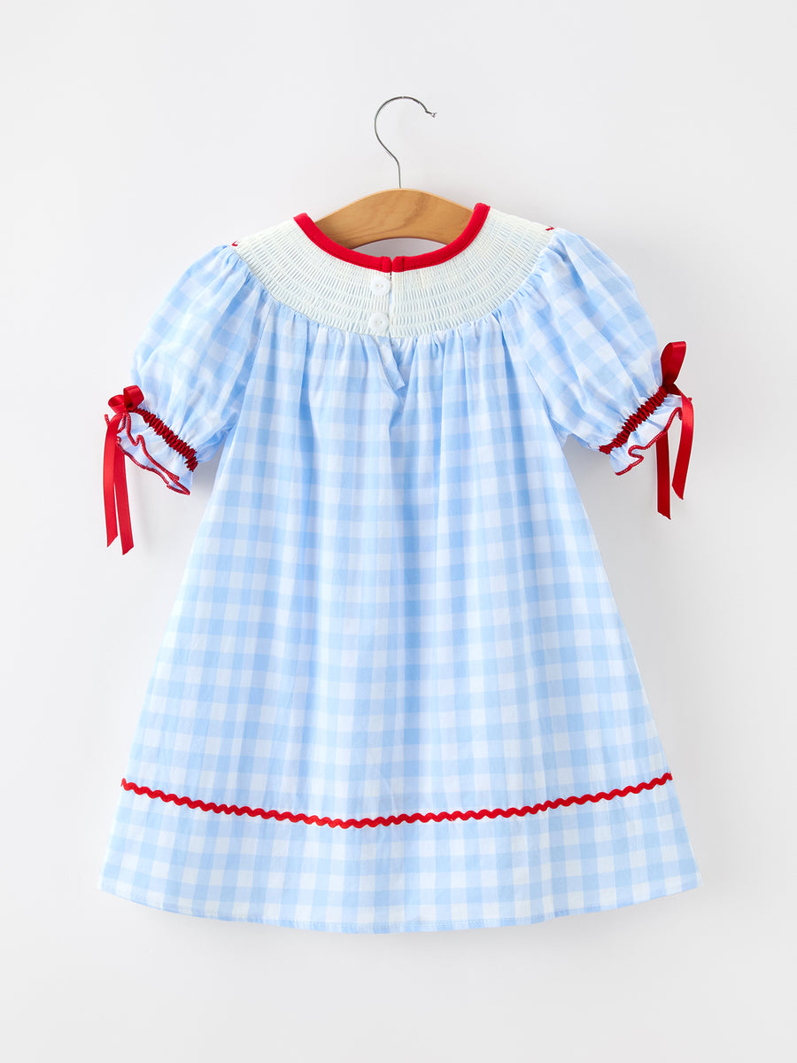 Girls Christmas Blue Plaid Smocked Puppy Embroidery Dress