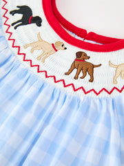 Girls Christmas Blue Plaid Smocked Puppy Embroidery Dress