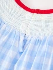Girls Christmas Blue Plaid Smocked Puppy Embroidery Dress