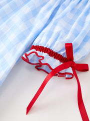 Girls Christmas Blue Plaid Smocked Puppy Embroidery Dress