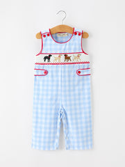 Baby Boys Christmas Blue Plaid Smocked Puppy Jon Jon