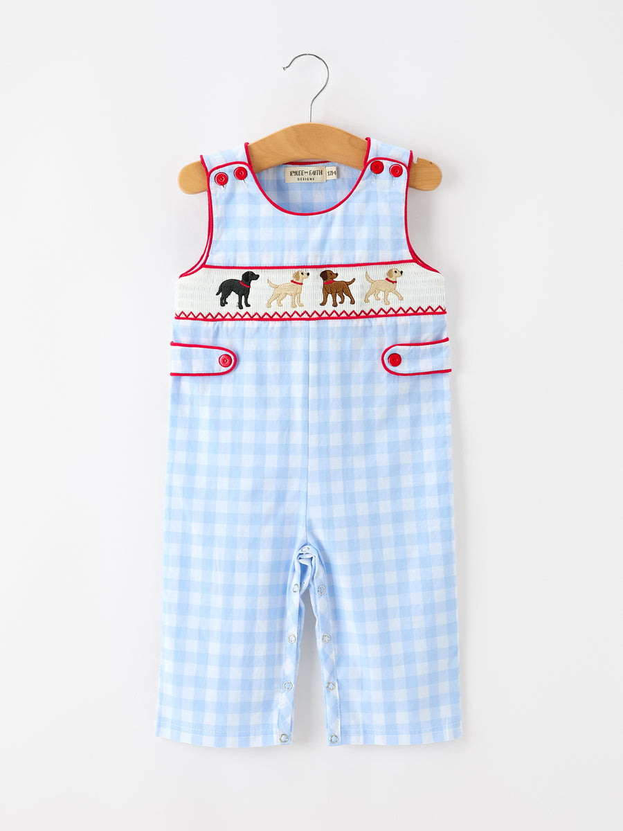 Baby Boys Christmas Blue Plaid Smocked Puppy Jon Jon