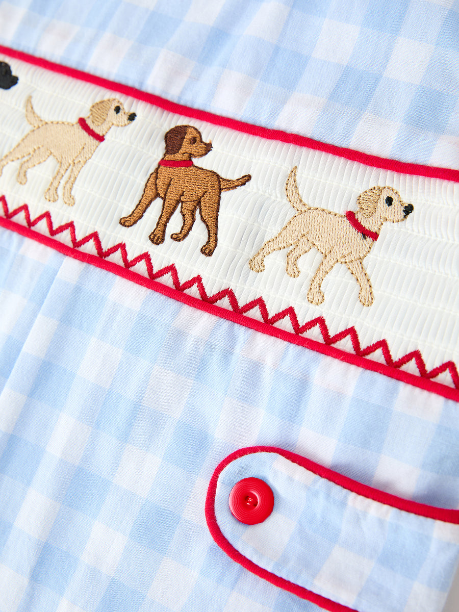 Baby Boys Christmas Blue Plaid Smocked Puppy Jon Jon
