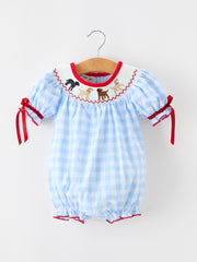 Baby Girls Christmas Blue Plaid Smocked Puppy Romper