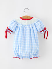 Baby Girls Christmas Blue Plaid Smocked Puppy Romper