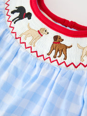Baby Girls Christmas Blue Plaid Smocked Puppy Romper