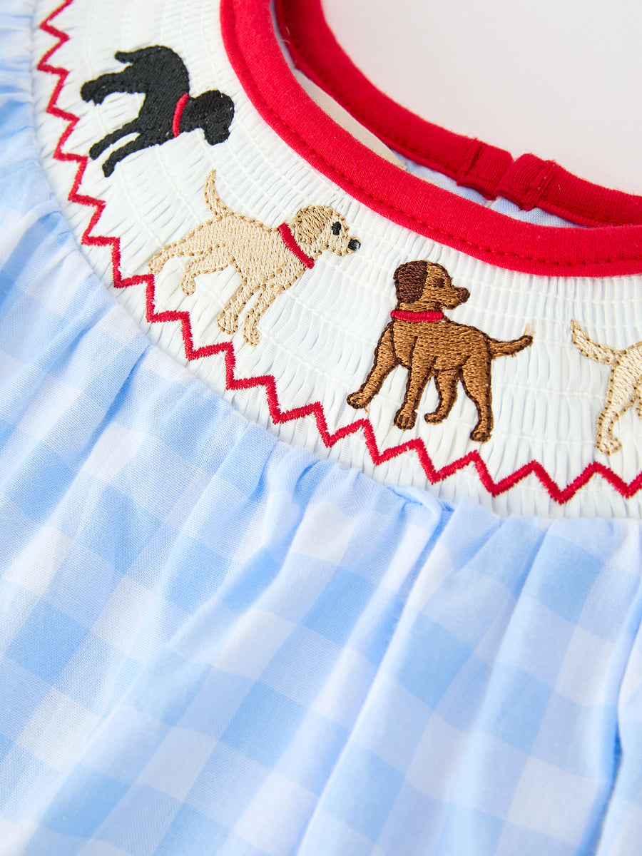 Baby Girls Christmas Blue Plaid Smocked Puppy Romper