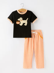 Boys Halloween Dog Pumpkin Outfit Set Plaid Pants