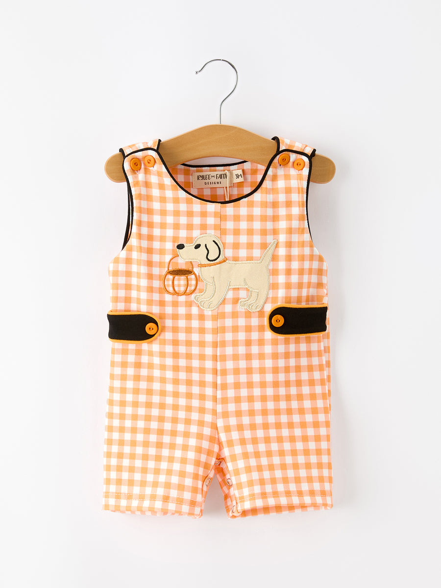 Boys Halloween Dog Pumpkin Jonjon Plaid Trim Outfit