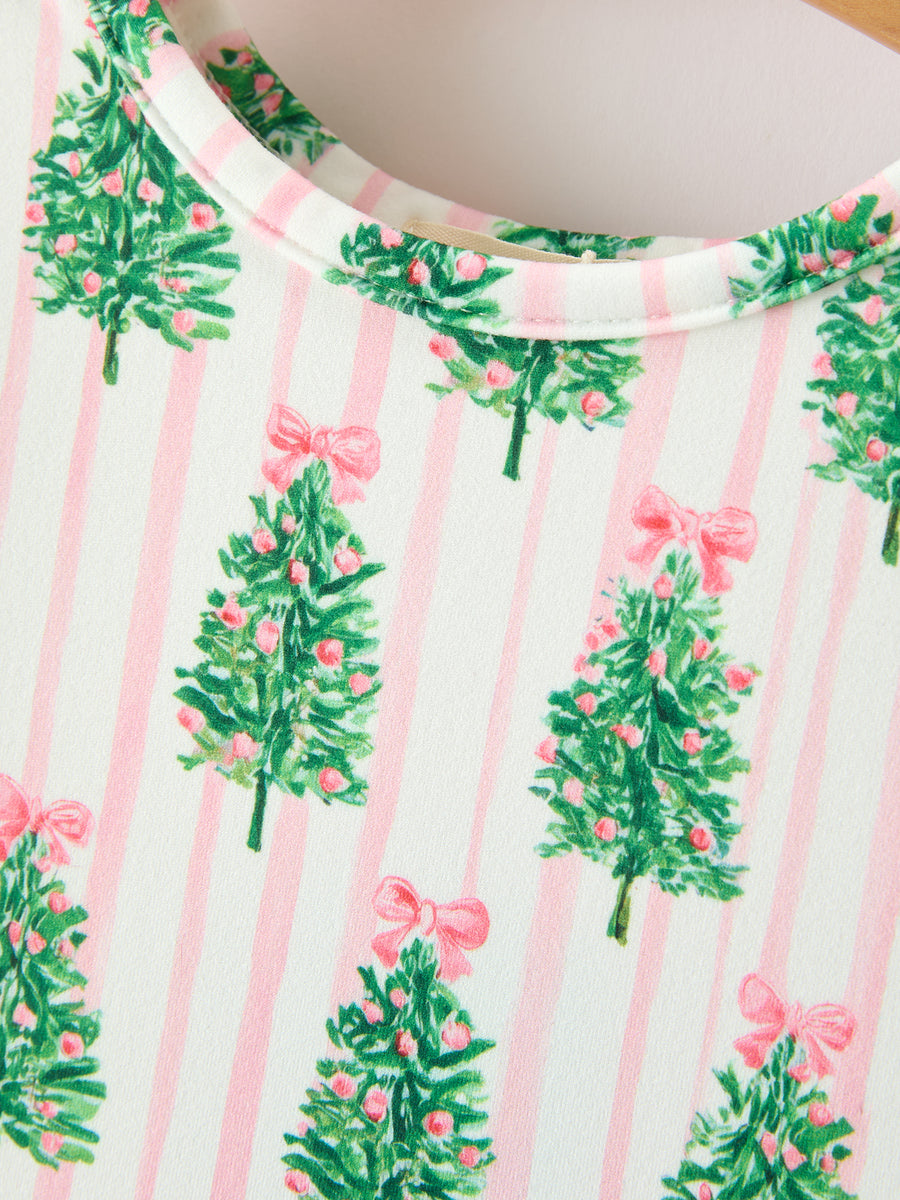 Christmas Girls Pink Stripe Tree Bow Twirl Dress