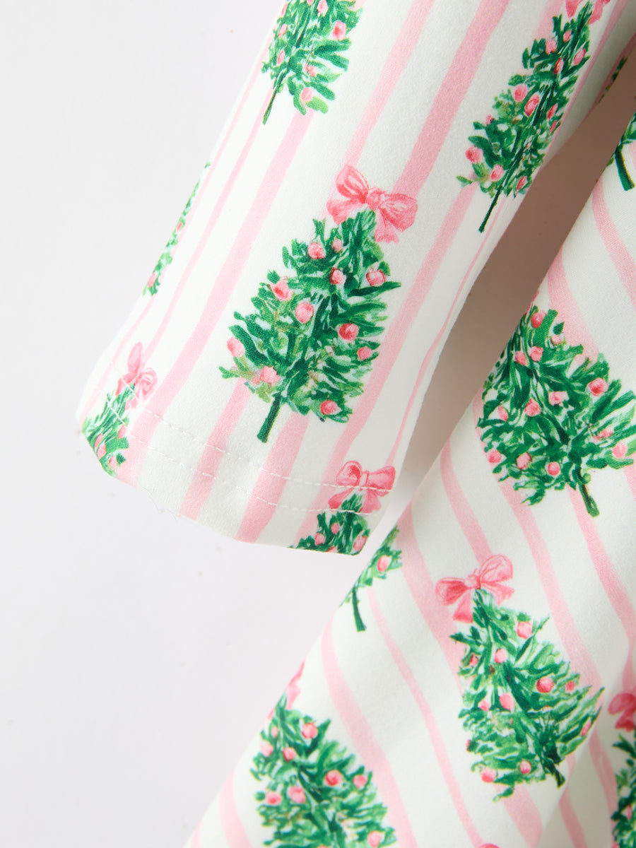 Christmas Girls Pink Stripe Tree Bow Twirl Dress
