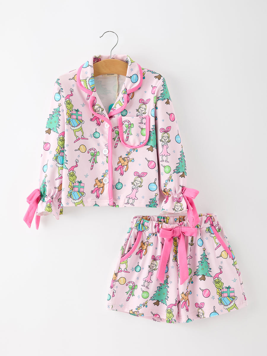 Christmas Girls Holiday Figure Bow Pajama Set
