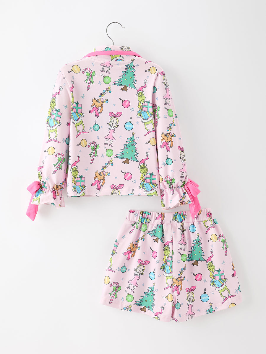 Christmas Girls Holiday Figure Bow Pajama Set