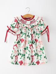 Christmas Girls Holly Jolly Bow Smocked Ruffle Dress