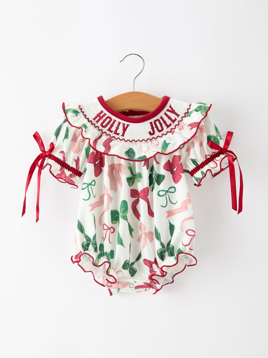 Christmas Baby Girls Holly Jolly Smocked Bubble Romper