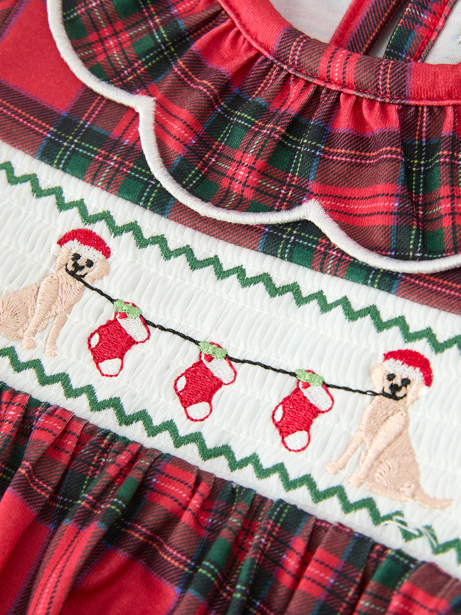 Christmas Baby Girls Smocked Puppy Bubble Romper