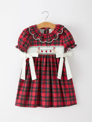 Christmas Girls Plaid Puppy Smocked Ruffle Collar Dress