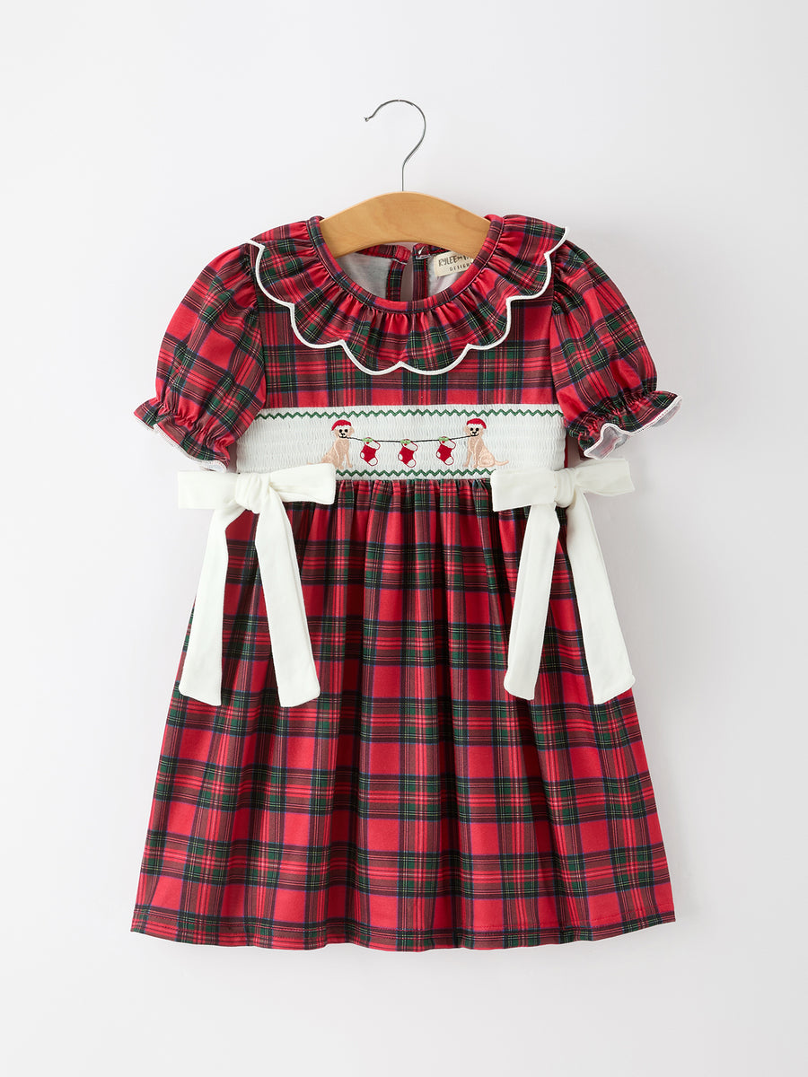 Christmas Girls Plaid Puppy Smocked Ruffle Collar Dress