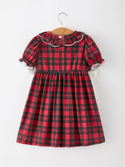 Christmas Girls Plaid Puppy Smocked Ruffle Collar Dress