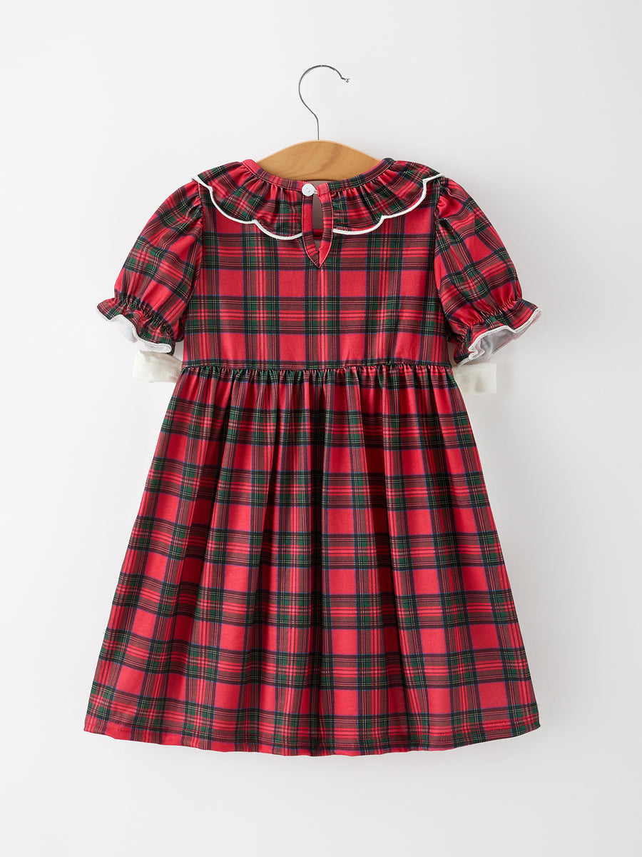 Christmas Girls Plaid Puppy Smocked Ruffle Collar Dress