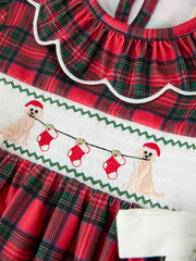 Christmas Girls Plaid Puppy Smocked Ruffle Collar Dress