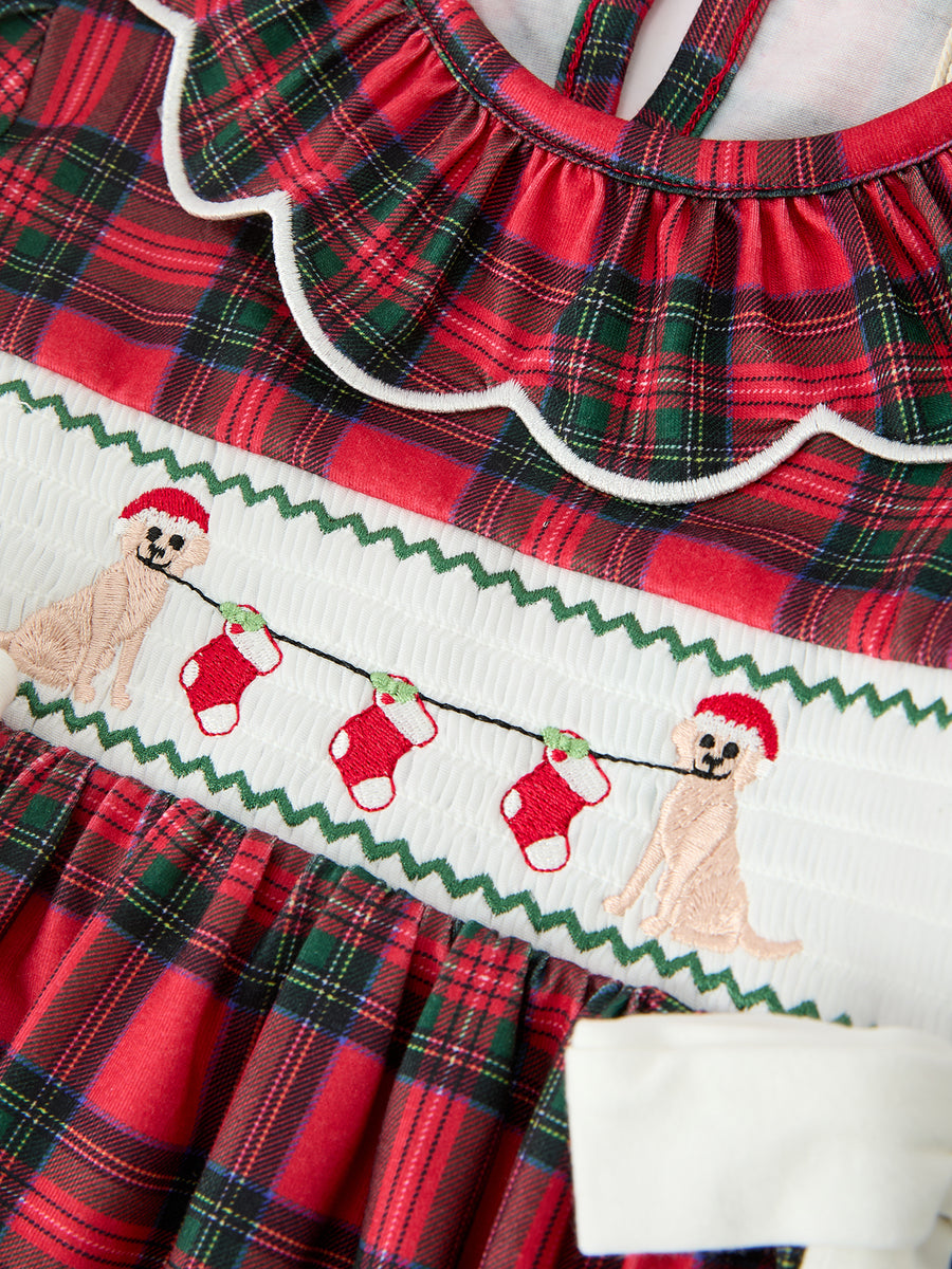 Christmas Girls Plaid Puppy Smocked Ruffle Collar Dress