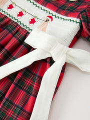 Christmas Girls Plaid Puppy Smocked Ruffle Collar Dress