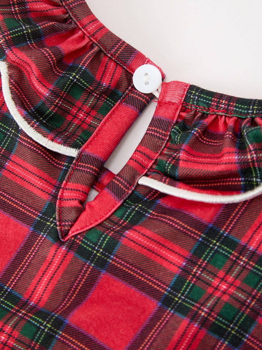 Christmas Girls Plaid Puppy Smocked Ruffle Collar Dress