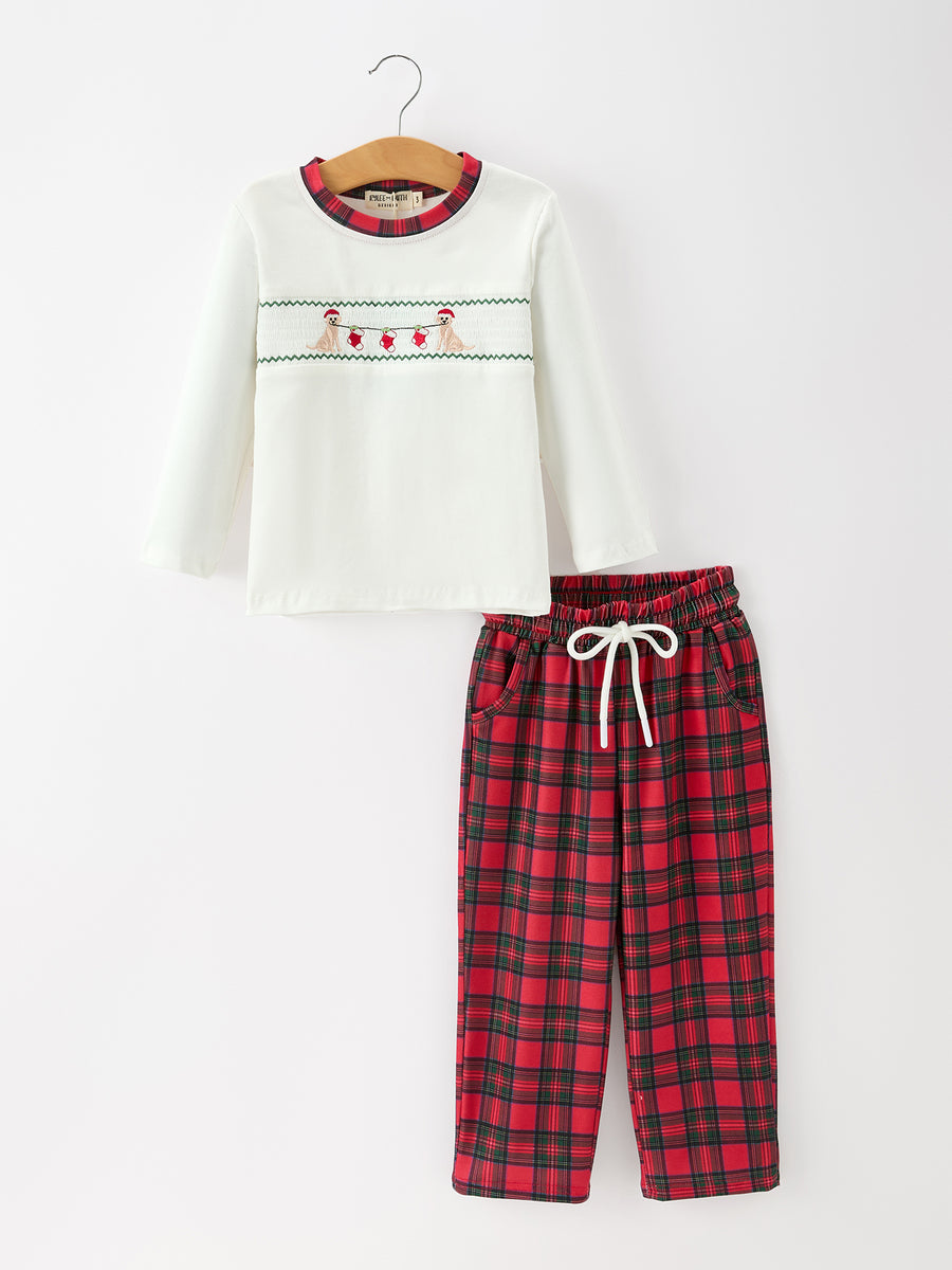 Christmas Boys Smocked Puppy Plaid Pants Set