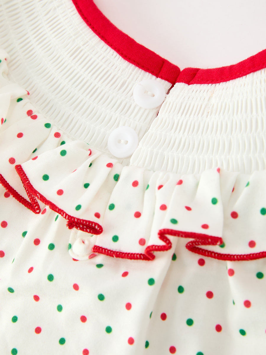 Christmas Dot Girls Dress Smocked Ruffle Collar