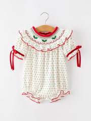 Christmas Dot Smocked Girls Romper Ruffle Collar