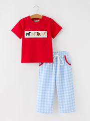 Boys Christmas Smocked Puppy Plaid Pants Set