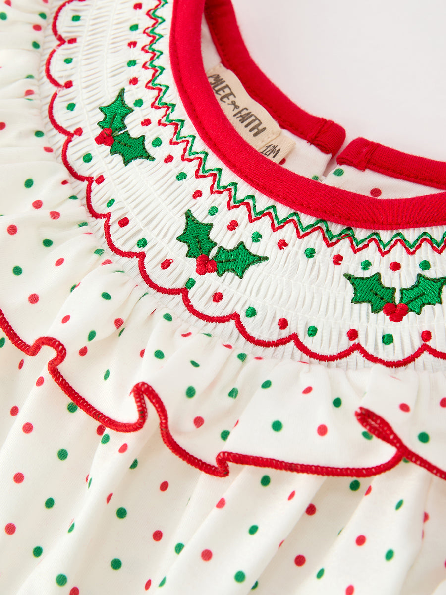 Christmas Dot Smocked Girls Romper Ruffle Collar