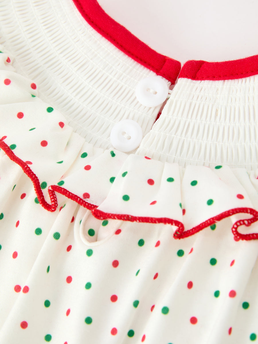 Christmas Dot Smocked Girls Romper Ruffle Collar
