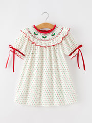 Christmas Dot Girls Dress Smocked Ruffle Collar
