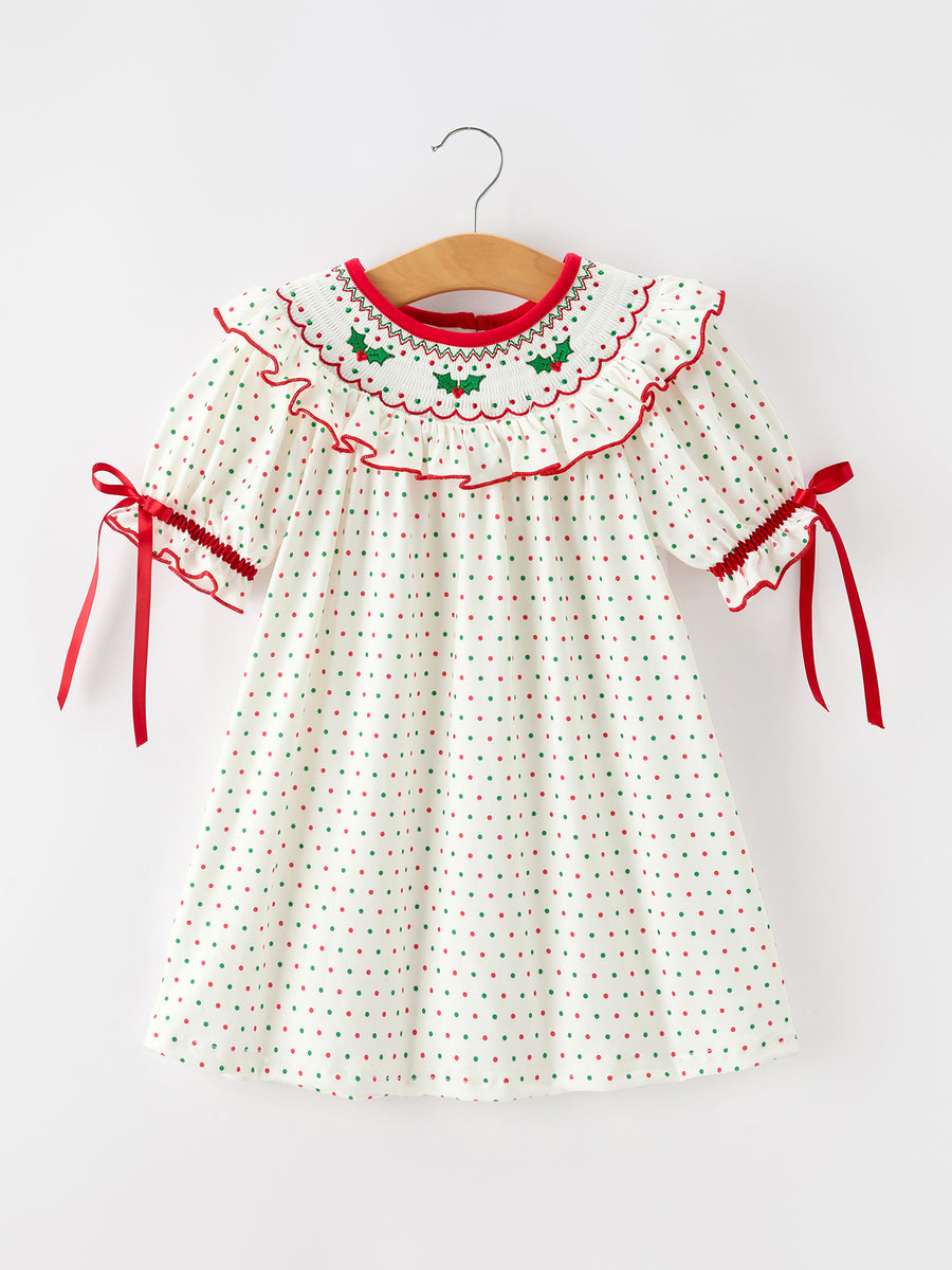 Christmas Dot Girls Dress Smocked Ruffle Collar