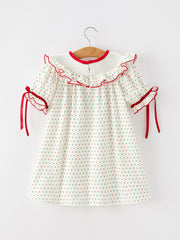 Christmas Dot Girls Dress Smocked Ruffle Collar